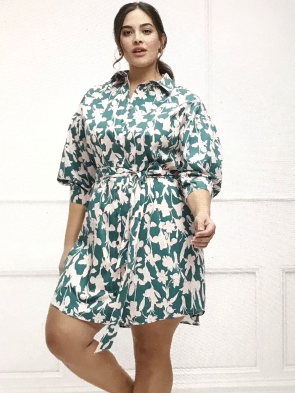 ELOQUII Cotton Blossom Print Shirt Dress with Puff Sleeves Plus Size 22